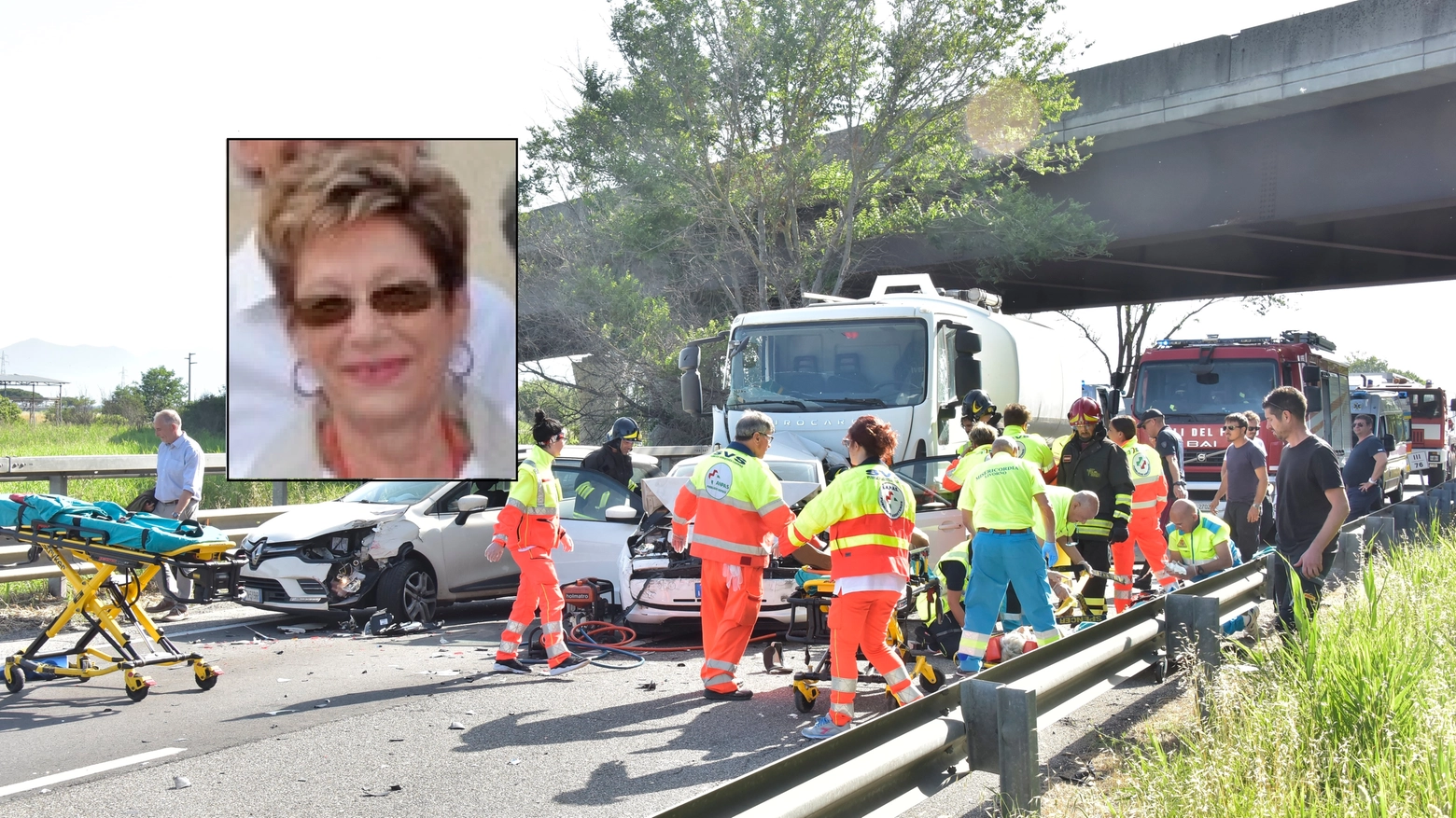 La scena dell'incidente (Foto Novi) e nel riquadro una delle vittime La scena dell'incidente (Foto Novi) e nel riquadro una delle vittime