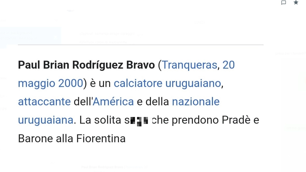 Lo screenshot con la frase offensiva su Rodriguez poi rimossa da Wikipedia