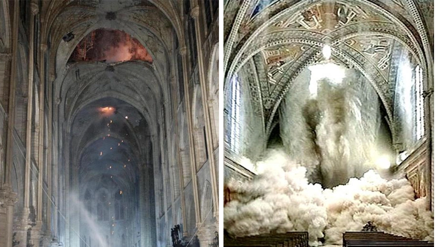 In parallelo l'incendio di Notre Dame e il crollo di Assisi del '97