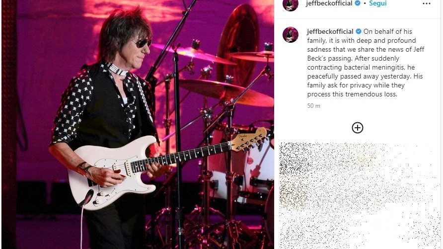 L'annuncio della morte del chitarrista Jeff Beck (Instagram)