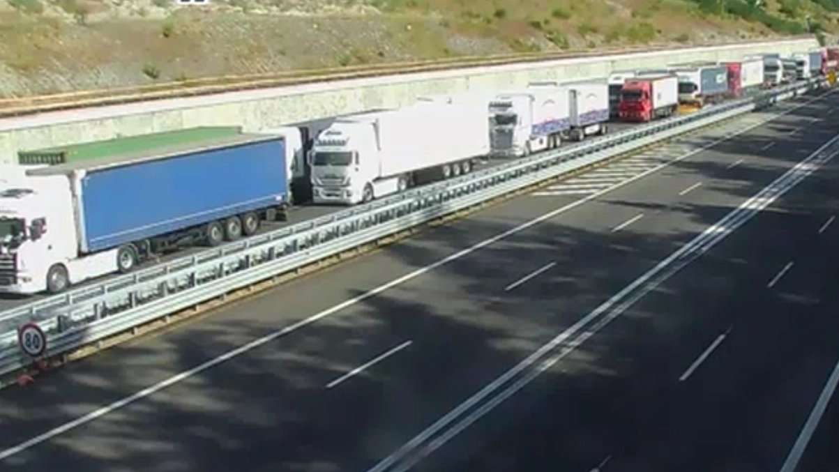 I camion in coda sull'AutoSole (foto da webcam Autostrade)