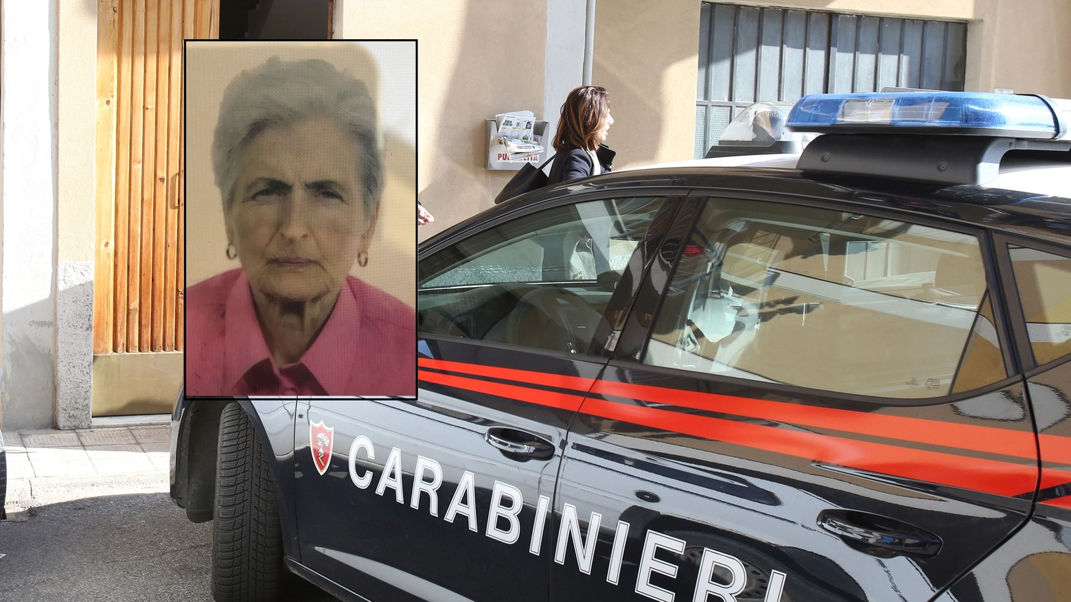 I carabinieri sul luogo del delitto (foto Di Pietro). Nel riquadro la vittima Neda Vannoni