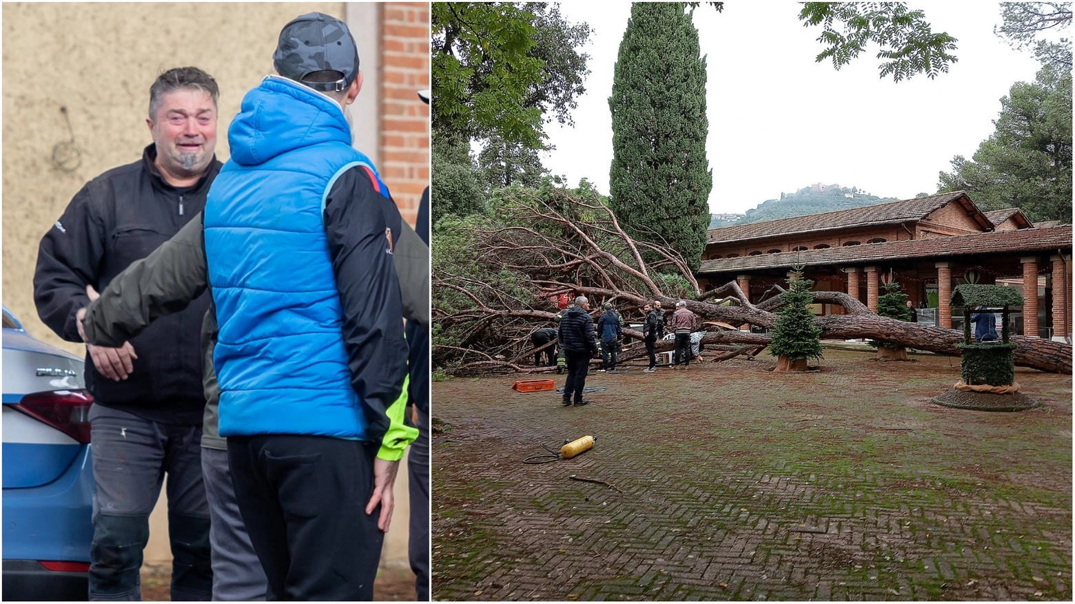 La disperazione di Paolo Grossi organizzatore della Baita e l'albero crollato (foto Goiorani)