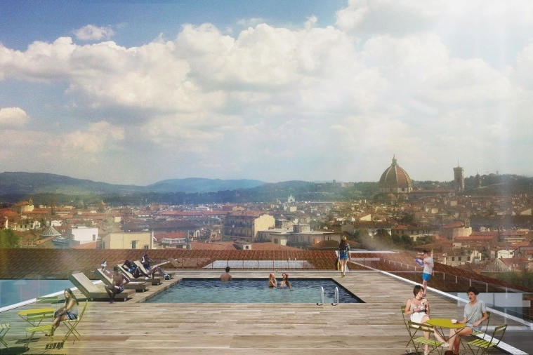 Il rendering mostra la terrazza dello Student Hotel nell'ex palazzo del Sonno