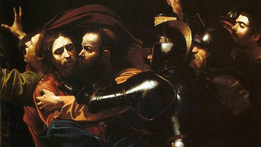 La Cattura di Cristo di Caravaggio (1602) mostra il bacio di Giuda a Gesù