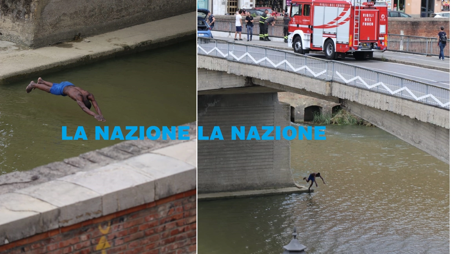 L'uomo durante il tuffo in Arno a Pisa