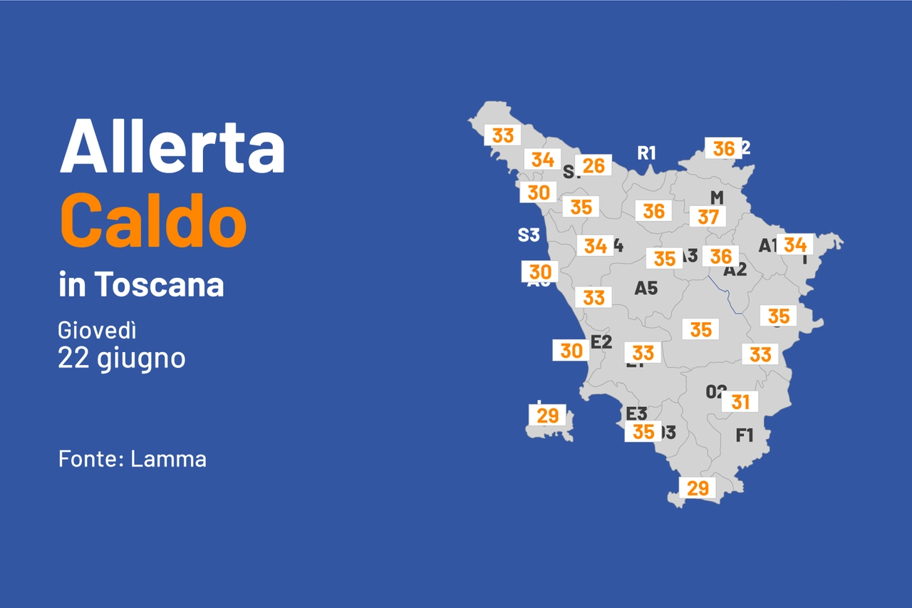 Le massime attese per giovedì 22 giugno in Toscana (fonte: Lamma)