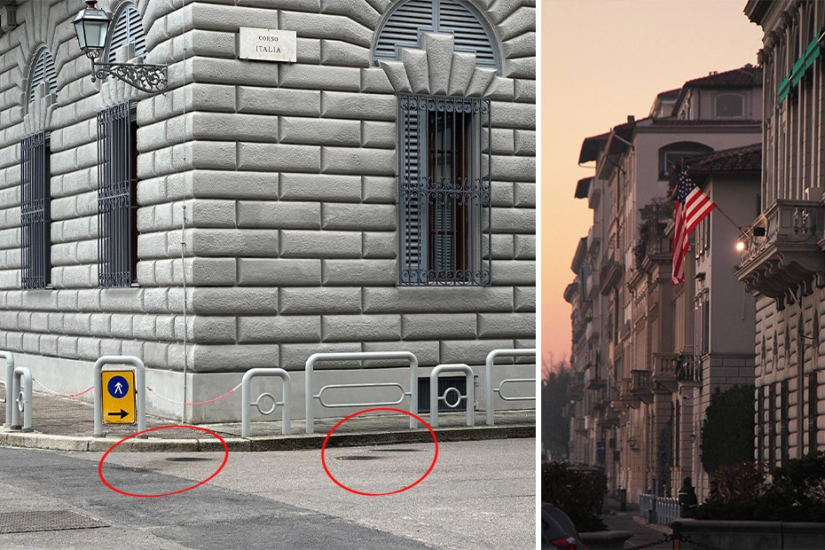 I segni sull'asfalto delle bottiglie incendiarie lanciate contro il consolato Usa a Firenze (Foto Cabras / New Press Photo)