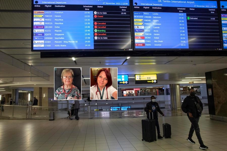 L'aeroporto di Johannesburg e, nei riquadri, Lia Losa e Sara Cupiti