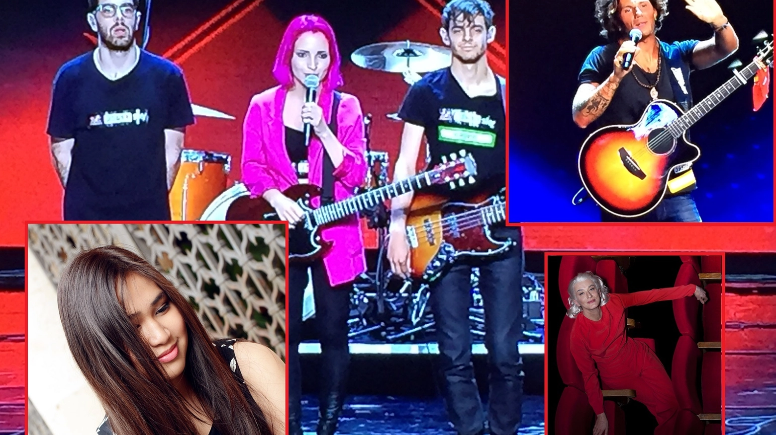 I Ros a X Factor; a destra Nigiotti, sotto Drusilla Foer. A sinistra, Camille Cabaltera