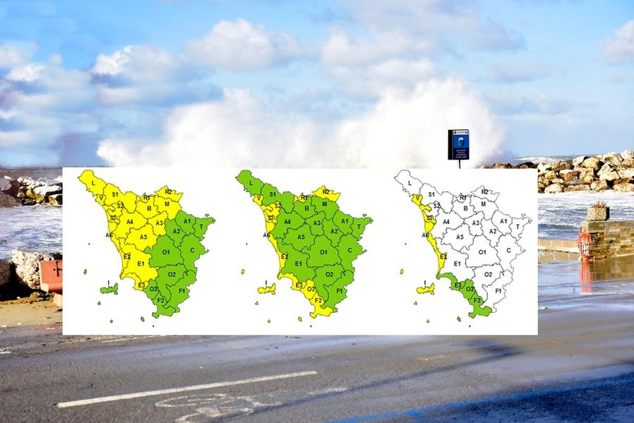 Da sin. allerta gialla per rischio idrogeologico, vento e infine mareggiate