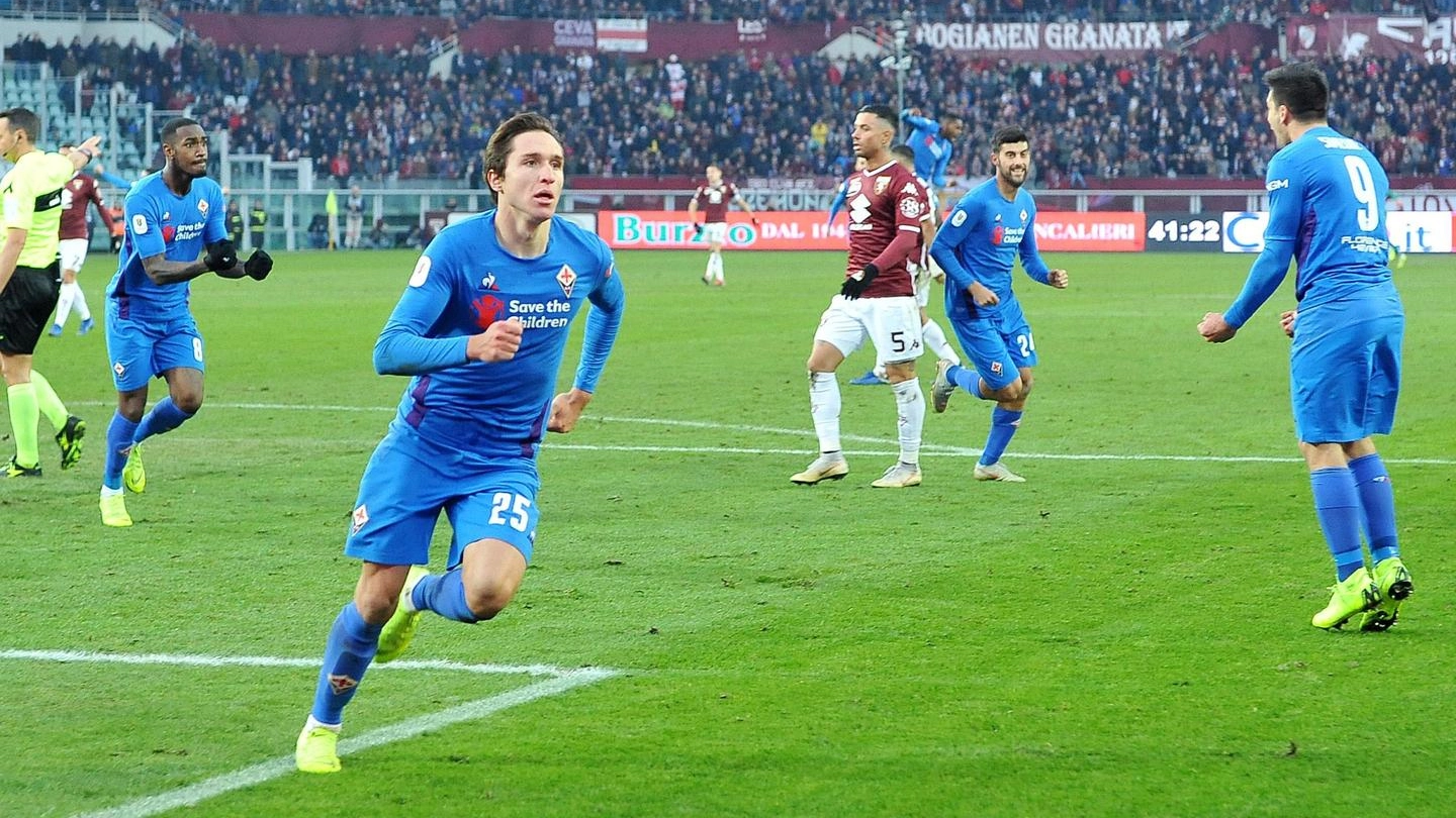 Torino-Fiorentina, l'esultanza di Chiesa dopo il primo gol (Ansa)