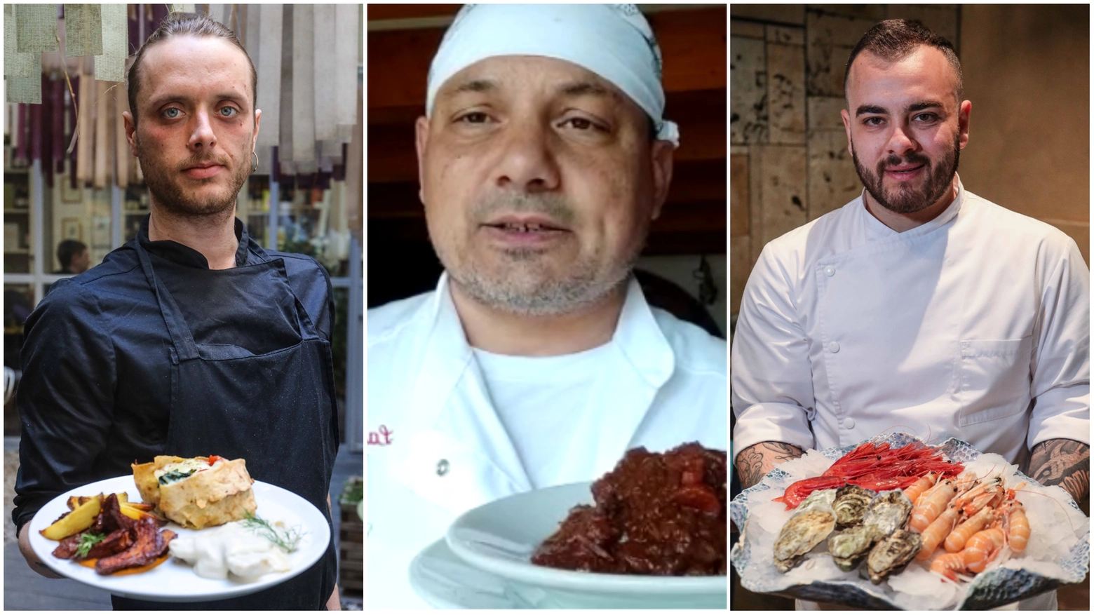 Da sinistra: Yadava Sandri Olmo del ristorante Brac, Simone Giannerini de La Crocina e Niccolò Giaffreda del ristorante Diverso