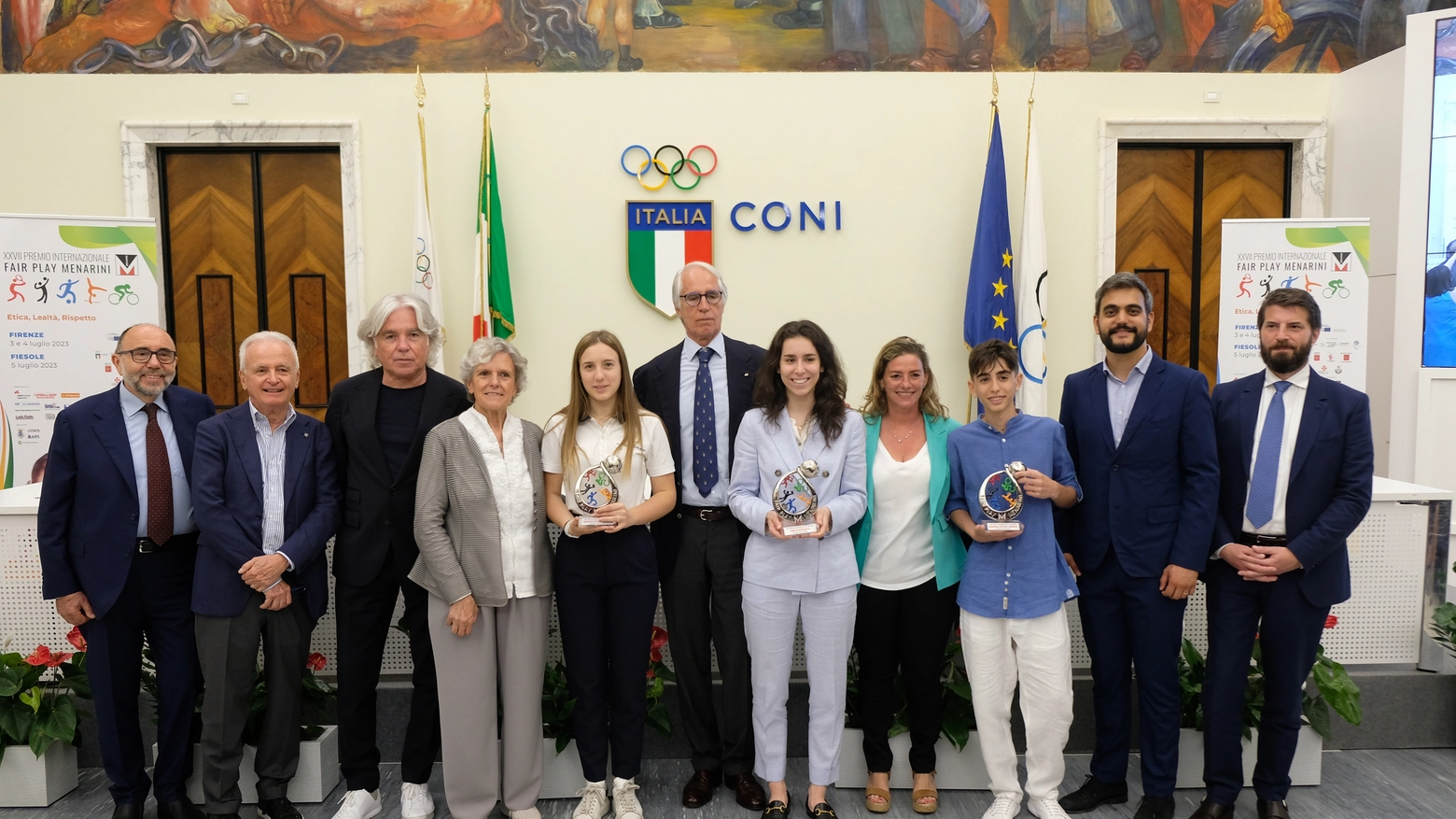 Conferenza stampa di presentazione del XXVII Premio Internazionale Fair Play Menarini, da sinistra verso destra: Antonello Biscini; Giampiero Bellard; Ivan Zazzaroni; Anna Ravoni; Mariaclotilde Adosini; Giovanni Malagò; Emilia Rossatti; Valeria Speroni Cardi; Giorgio Pietro Torrisi; Cosimo Guccione ed Ennio Troiano