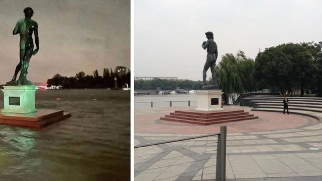 La statua del David: nella foto a sinistra la piazza dopo le inondazioni