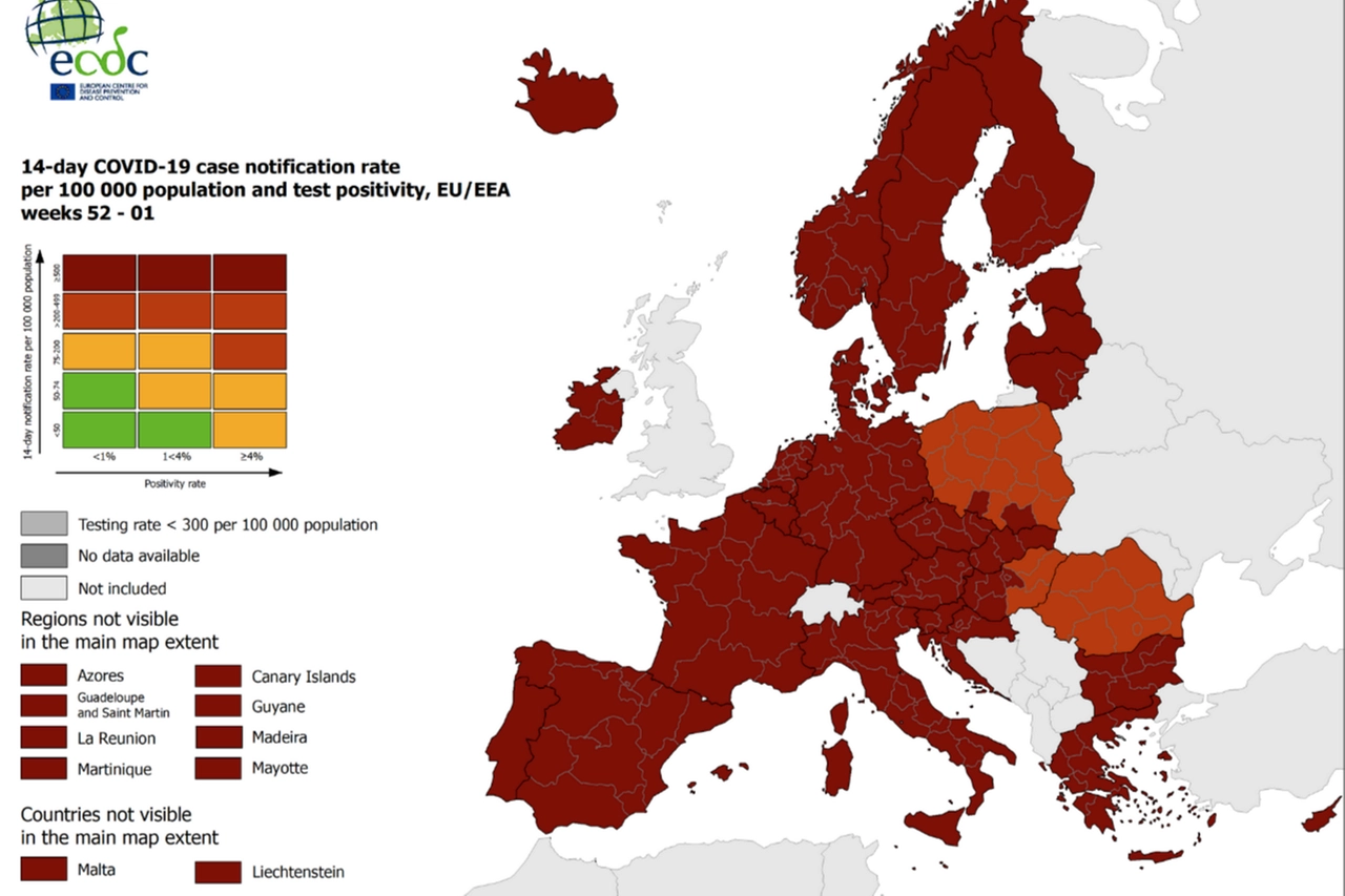 Mappa Ecdc: l'Italia tutta in rosso scuro