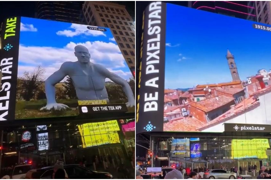 Due momenti del "passaggio" del video a Times Square
