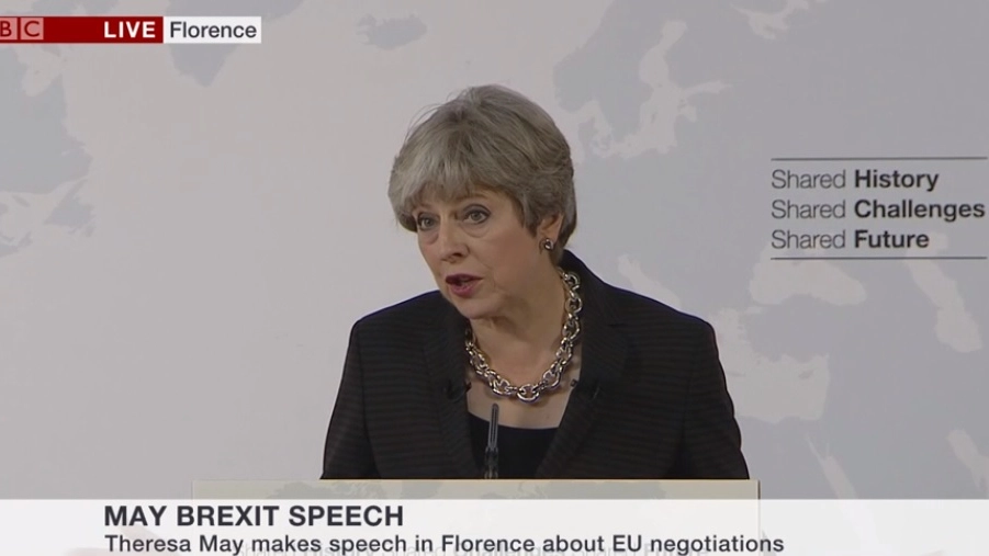 Theresa May durante il discorso a Firenze sulla Brexit (dalla Bbc)