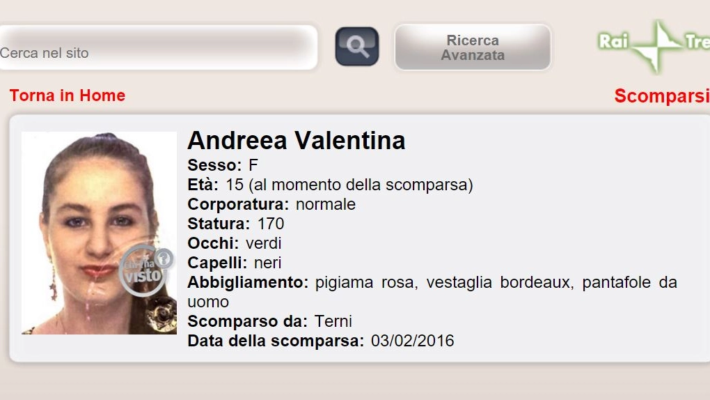 Andreea Valentina scomparsa da Terni il 3 febbraio 2016