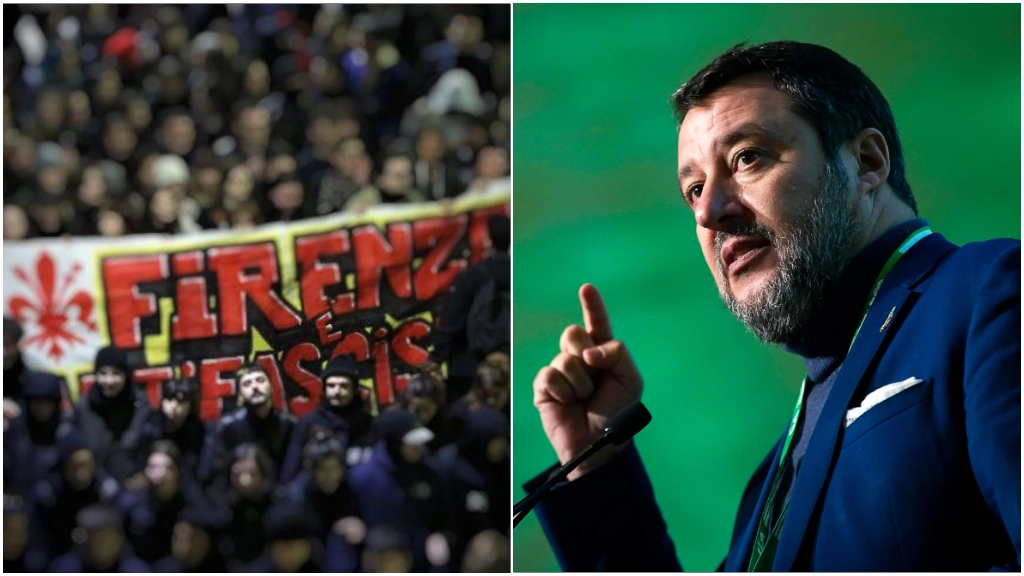 Il segretario della Lega Matteo Salvini e lo striscione di Firenze Antifascista