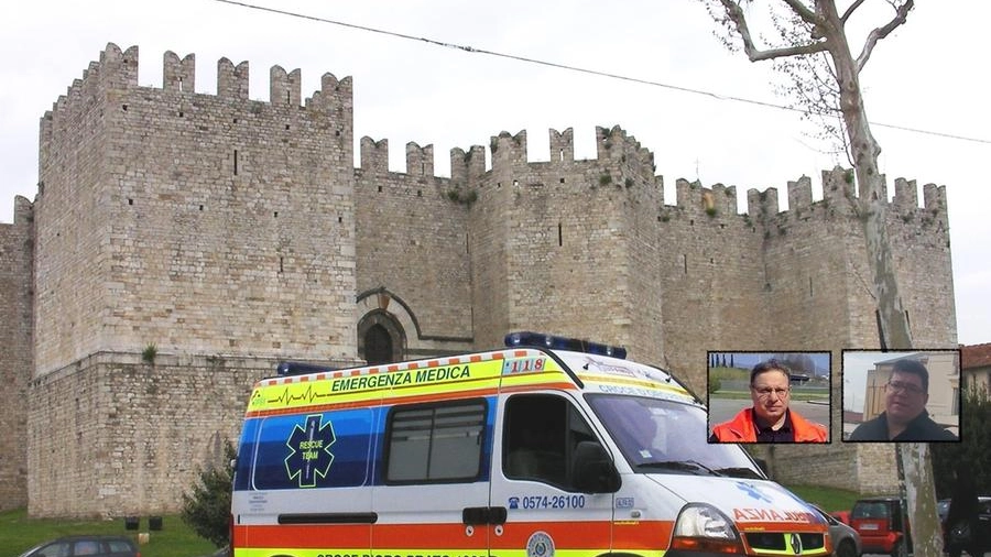 Un'ambulanza della Croce d'Oro e nei riquadri Alessandro Donati e Andrea Cati
