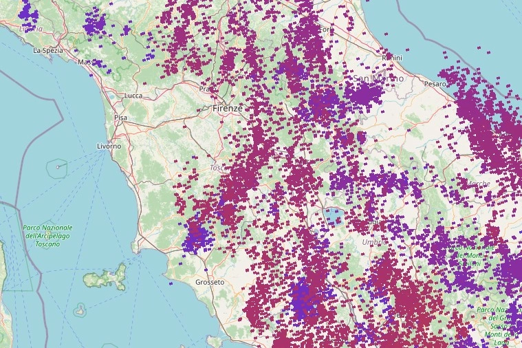 La mappa dei fulmini in Toscana (fonte Lamma)