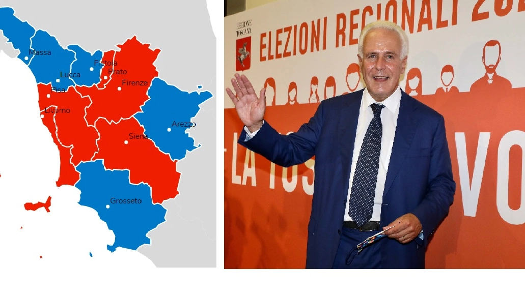 Giani e, a fianco, la Toscana: in rosso le province vinte dal centrosinistra