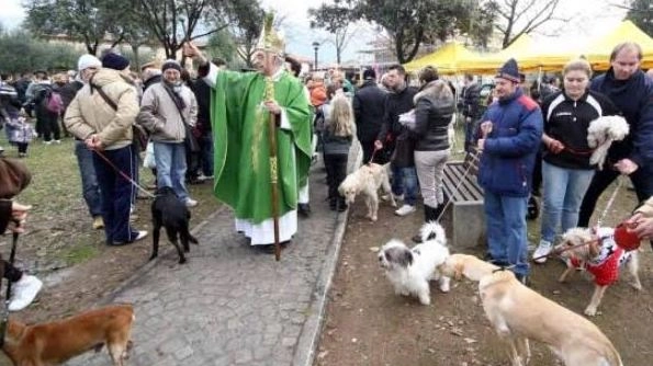 Il vescovo di Massa Giovanni Santucci mentre benedice gli animali fuori dal Santuario 