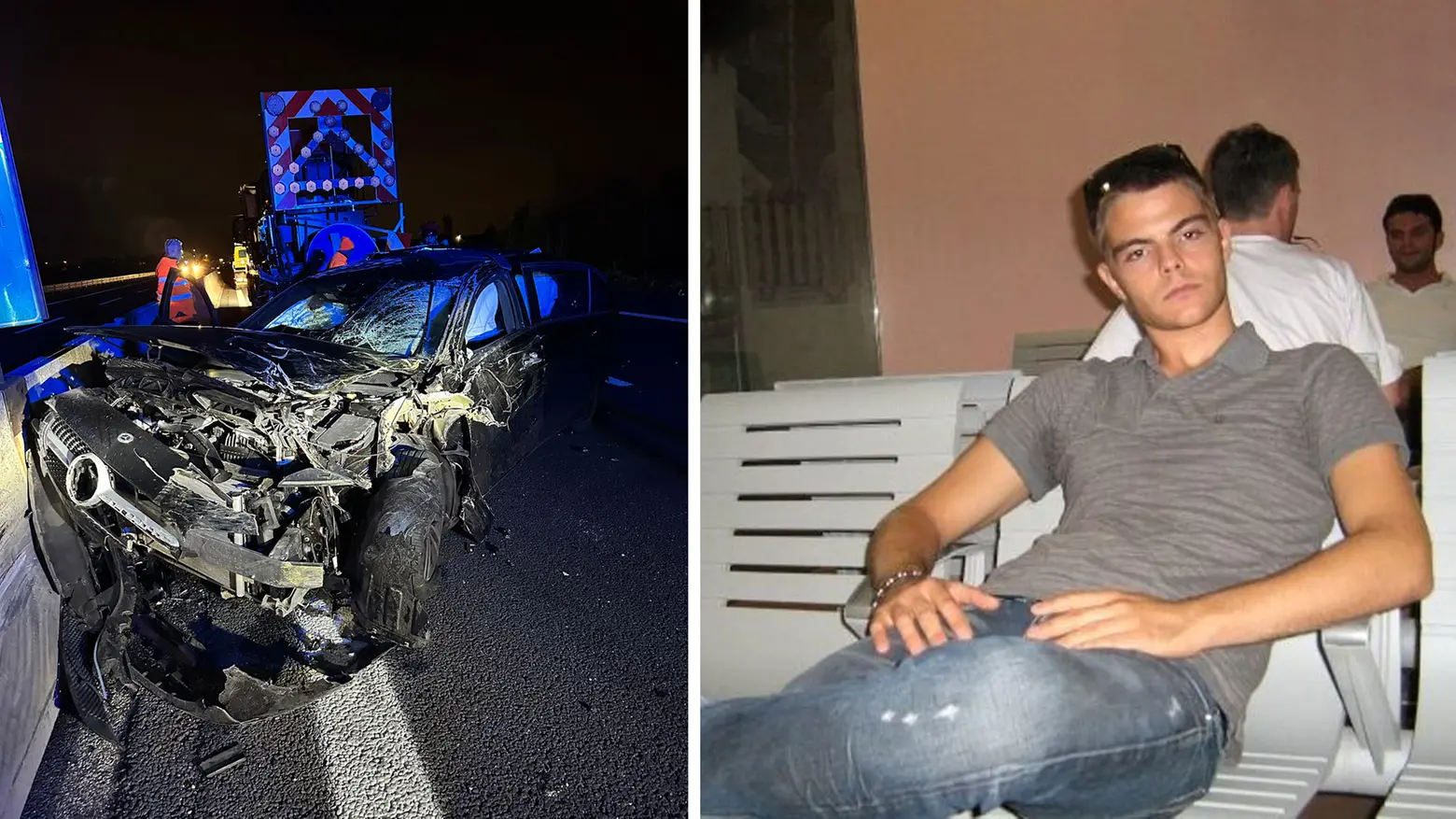 L'auto distrutta dopo l'impatto mortale, a destra Lapo Papucci