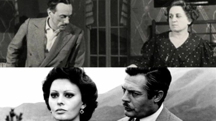 In alto Eduardo e Titina De Filippo, in basso Marcello Mastroianni e Sophia Loren