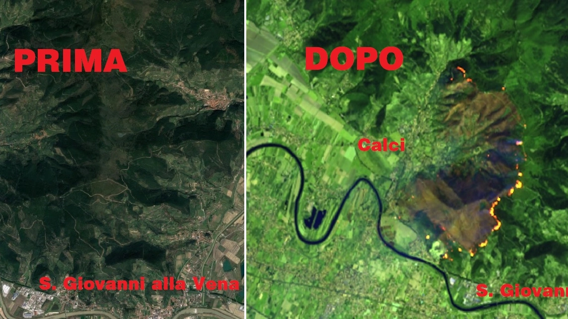 La zona del Monte Serra prima e dopo l'incendio
