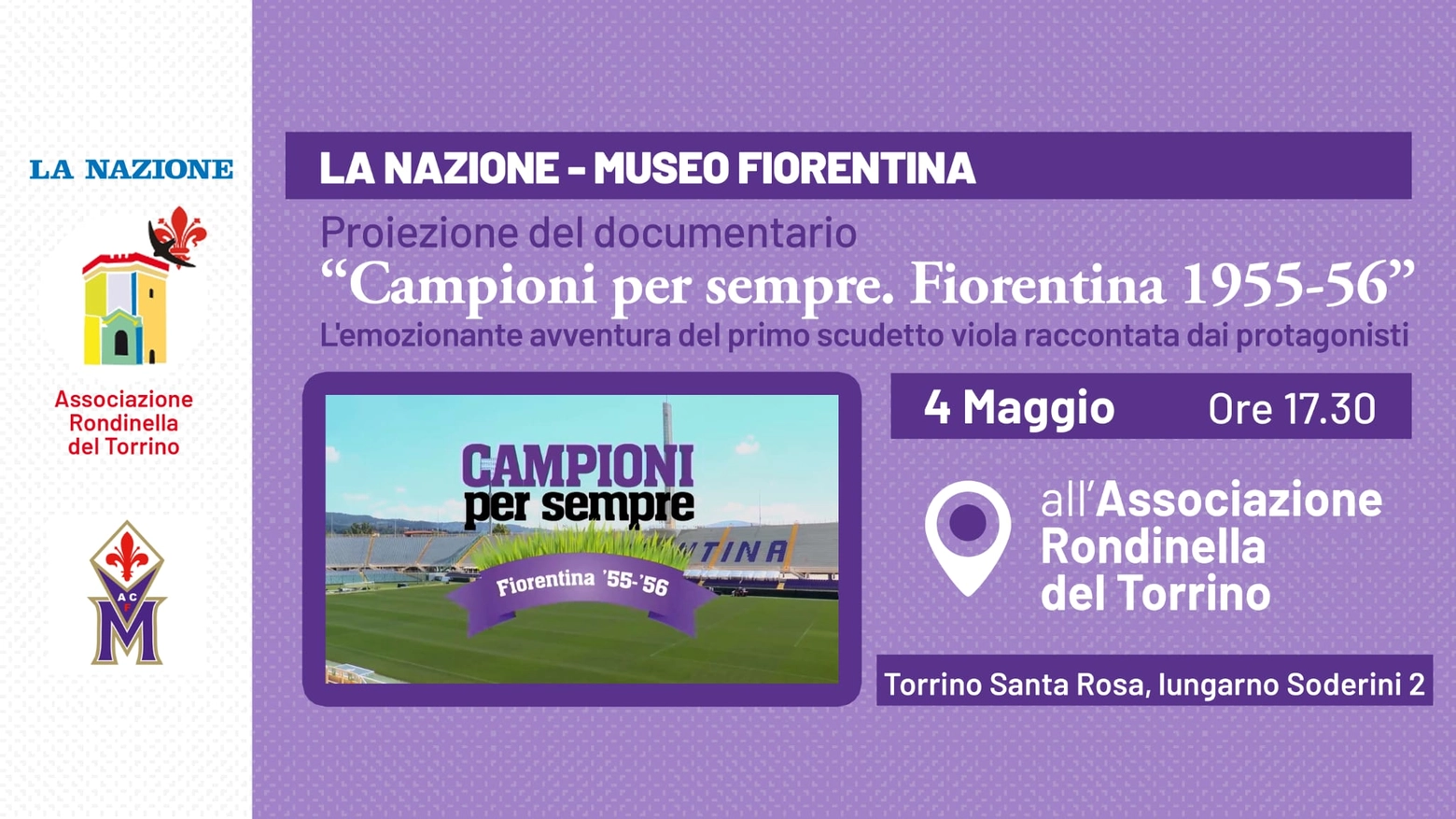 Fiorentina, “Campioni per sempre”: giovedì 4 maggio la proiezione del documentario sul primo scudetto viola