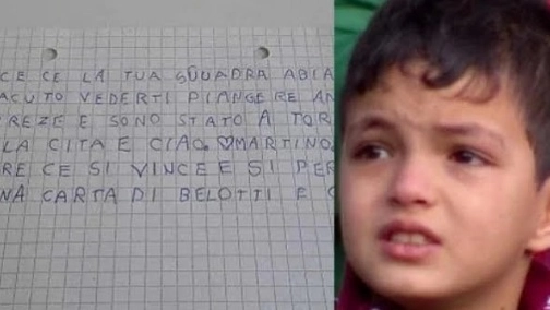 La lettera di Martino e, accanto, il bimbo granata in lacrime (da www.noigranata.com)