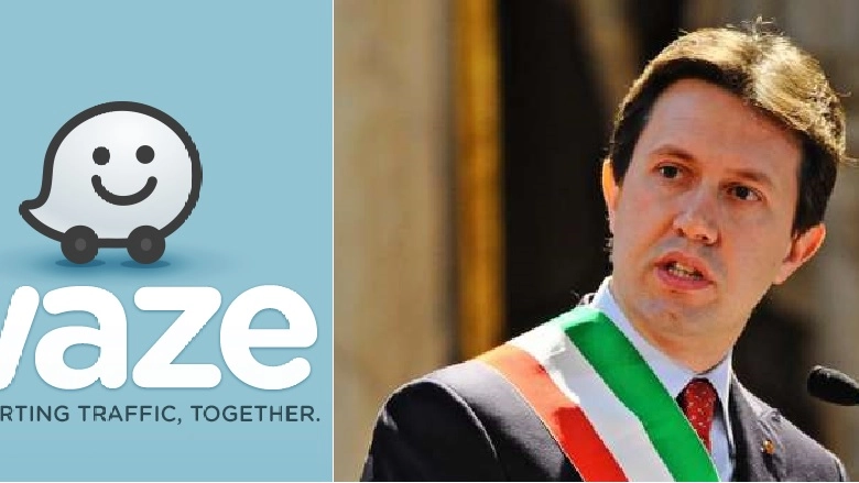 Il logo dell'app Waze e il sindaco Nardella