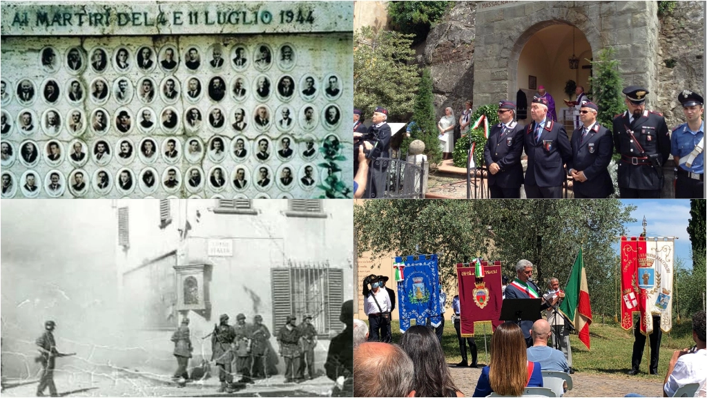 Strage di Cavriglia: il monumento alle vittime, una foto dell'epoca e due momenti delle commemorazioni di questi anni