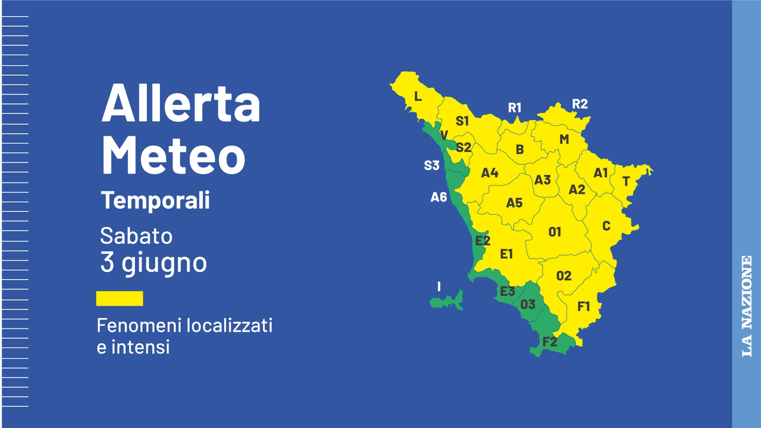 <p>Maltempo, temporali forti: allerta meteo gialla in Toscana. Le zone a rischio / <a href="https://www.lanazione.it/meteo/previsioni-caldo-cm6sd8l7">Previsioni</a> /<a href="https://www.lanazione.it/firenze/temporali-e-fulmini-ecco-le-regole-doro-per-evitare-incidenti-03eb5c0d"> Fulmini, ecco cosa non fare</a> / <a href="https://www.lanazione.it/firenze/cronaca/maltempo-tuoni-temporale-jx1zosnr">Pioggia e grandine a Firenze</a></p>