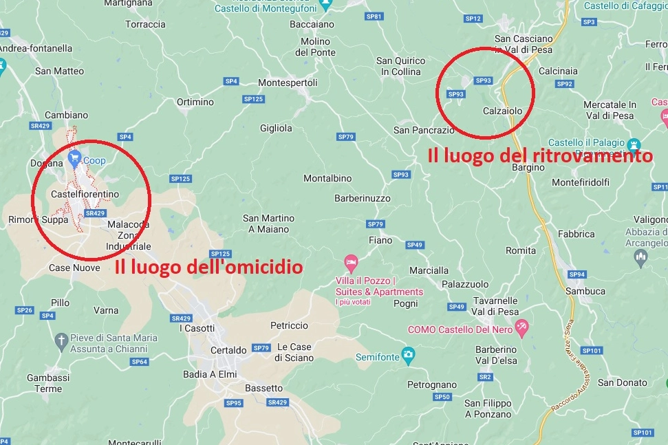 Nei due cerchi rossi, a sinistra il luogo dell'omicidio di Klodiana Vefa, a destra la zona del ritrovamento del corpo del marito