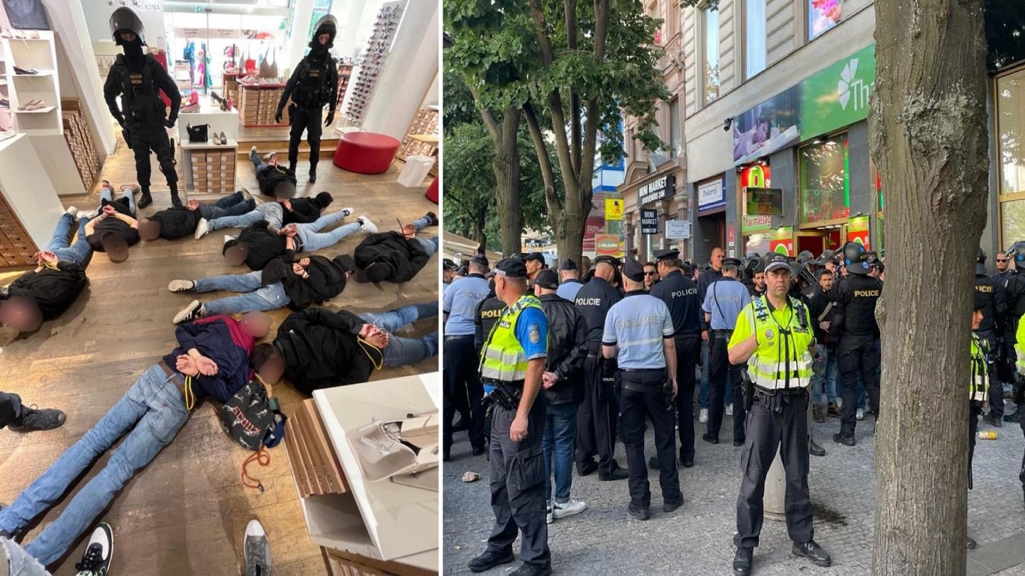 A sinistra alcuni dei tifosi fermati (foto Polizia Ceca); a destra lo schieramento delle forze dell'ordine (Ansa)