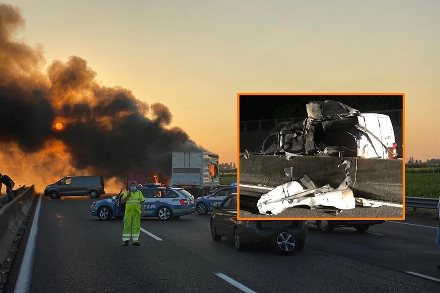 Modena, rapina a un portavalori (nel riquadro) sulla A1: un mezzo in fiamme