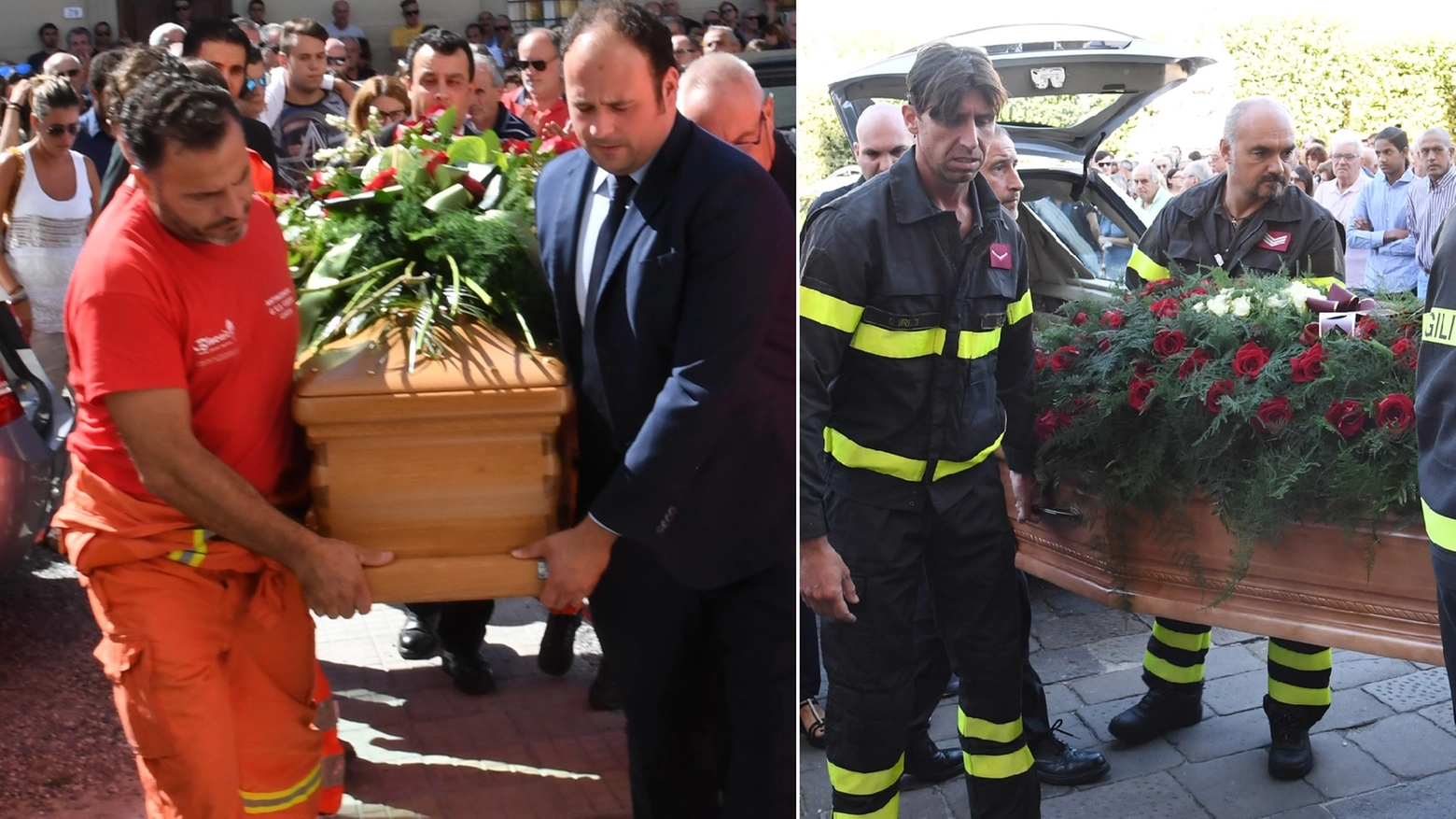 A sinistra il funerale di Eugenio Viviani, a destra quello di Antonio Pellegrini