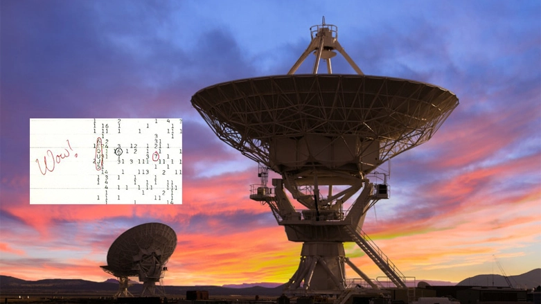 Un radiotelescopio e l'esclamazione 'Wow!' annotata sul foglio dei tabulati
