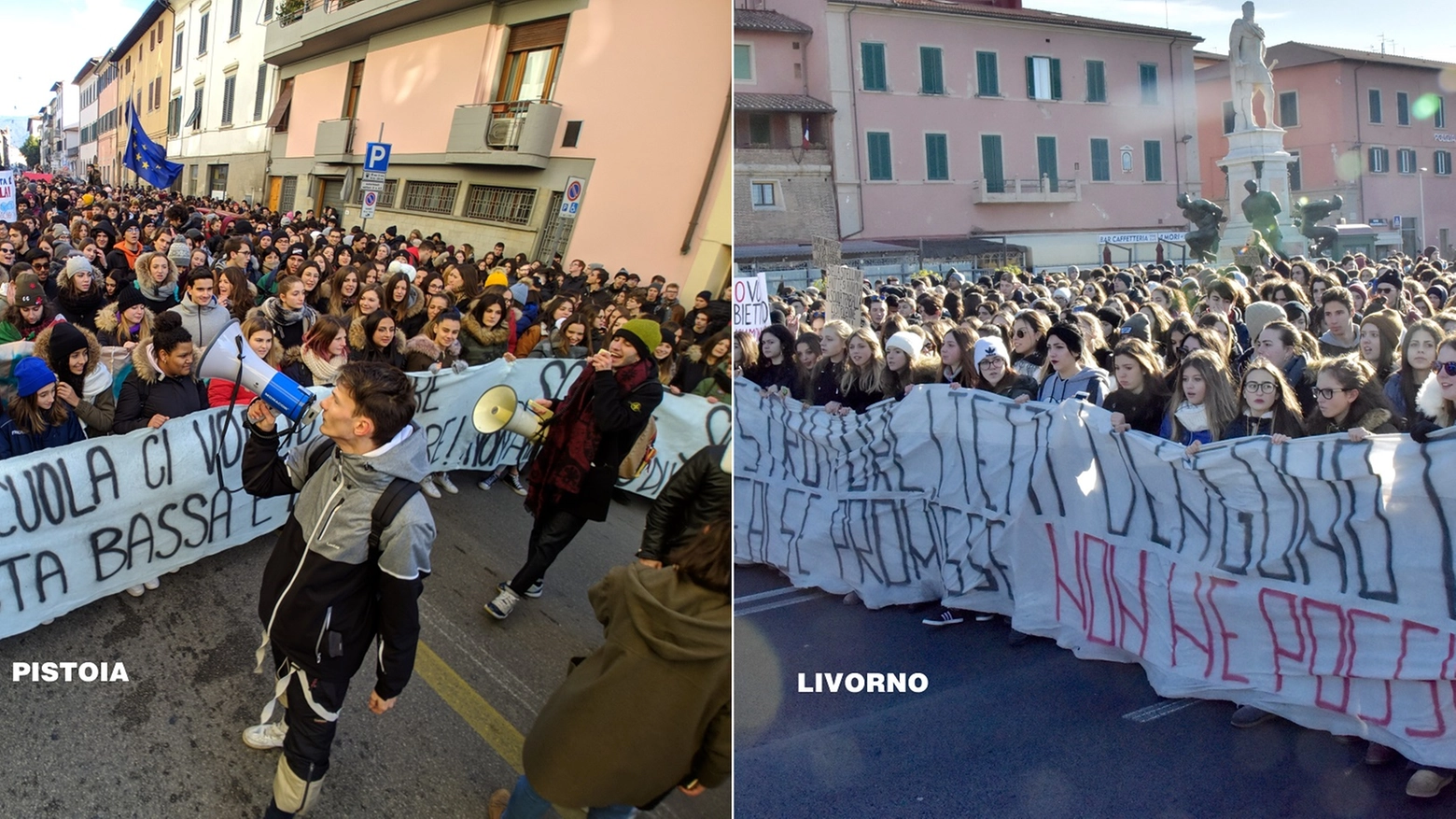 Le proteste di Pistoia (a sinistra) e Livorno (FotoCastellani e Foto Novi)