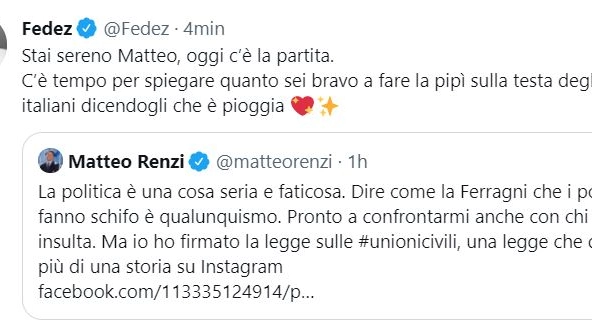 La replica di Fedez a Renzi su Twitter (Ansa)