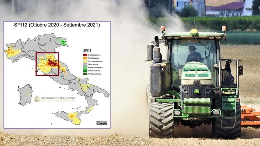 Nel riquadro la mappa pubblicata dal Lamma sulla siccità in Italia negli ultimi 12 mesi