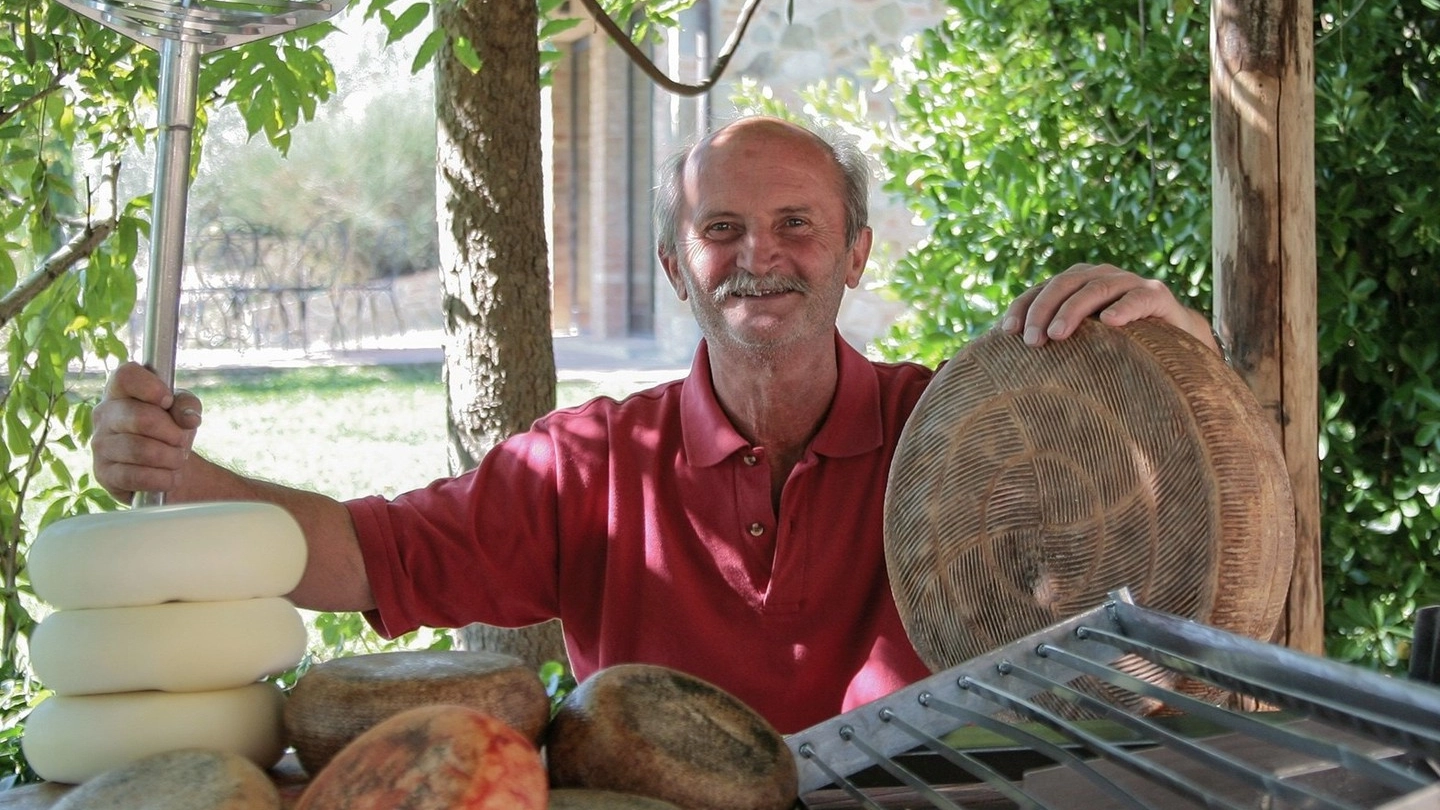  Paolo Mencattelli mostra alcune forme  di pecorino, eccellenza  del territorio