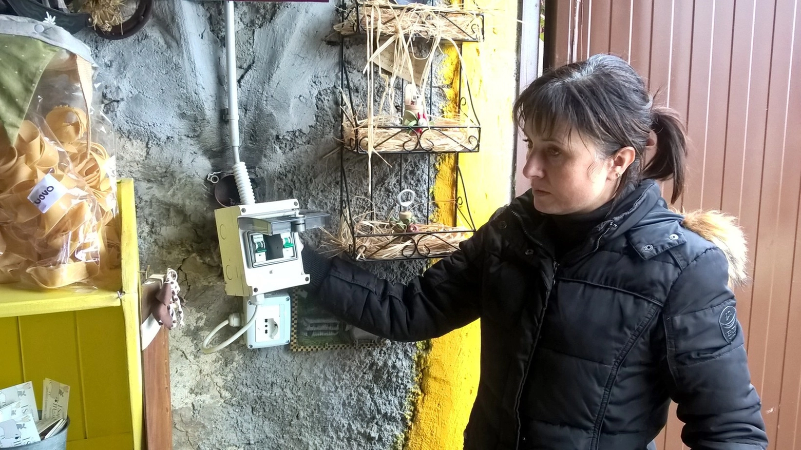 Emanuela Giannini mostra una scatola elettrica danneggiata dal fulmine