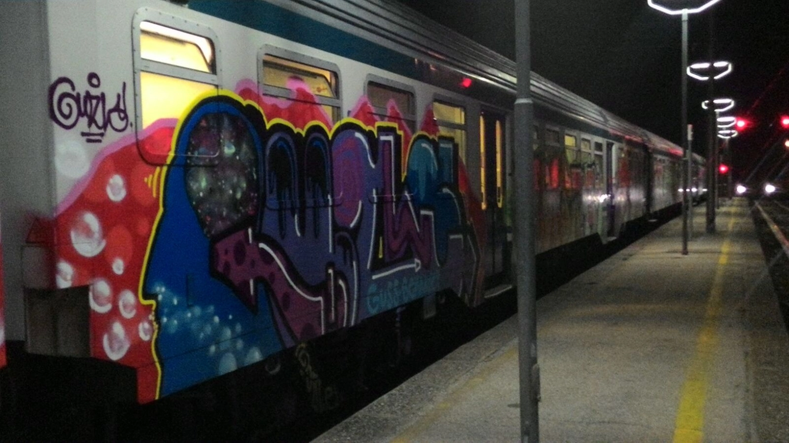 Uno dei treni imbrattati nella notte