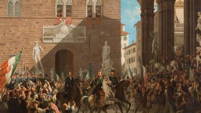 Firenze Capitale, il re in piazza della Signoria in un quadro di Enrico Fanfani