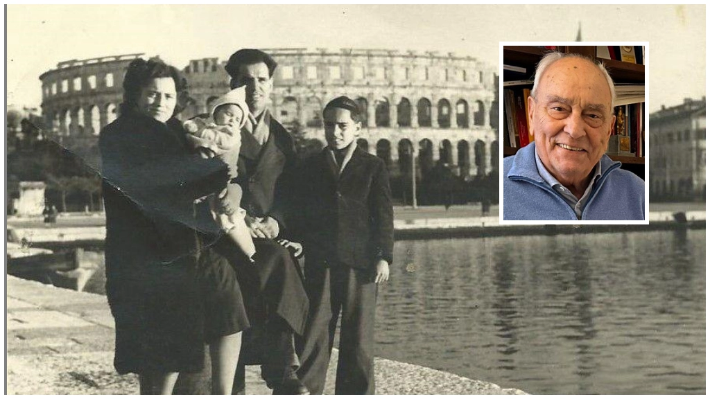 La famiglia di Claudio Bronzin, nel tondo oggi, nell’ultima foto a Pola prima di imbarcarsi sul piroscafo per l’Italia