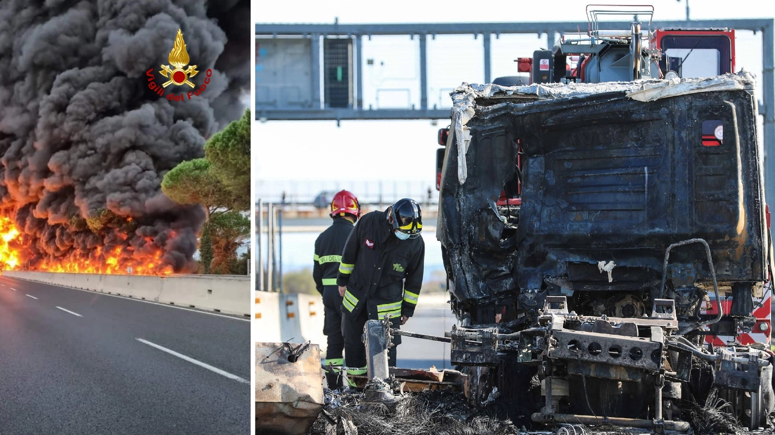 L'incendio (foto vigili del fuoco) e il camion bruciato (Fotocronache Germogli)